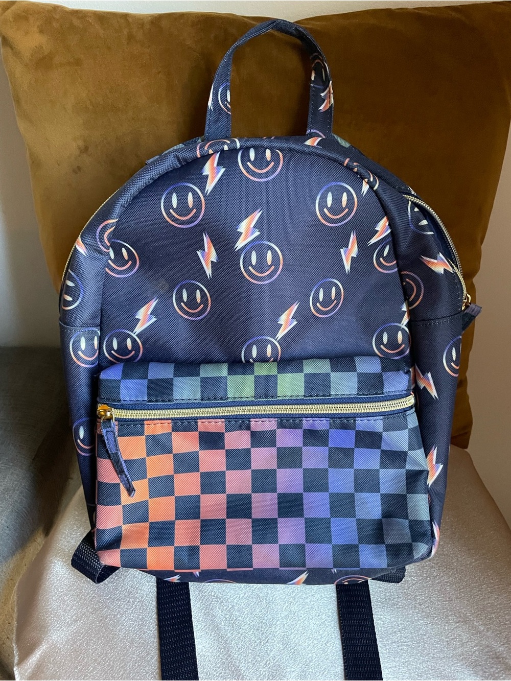 Kids Navy Smiley & Rainbow Check Mini Backpack